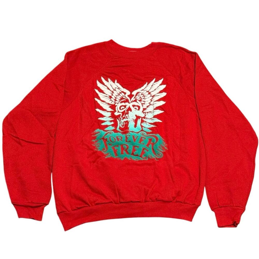 Vintage 90s Tultex Forever Free Winged Skull Red Graphic Sweatshirt Large Biker